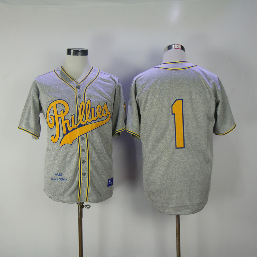 Men Philadelphia Phillies 1 Ashburn Grey Throwback 1938 MLB Jerseys